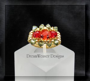 Swarovski Ruby Red and Peridot Green Crystal Gold Beaded Ring