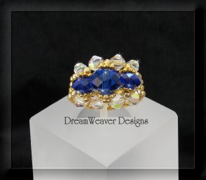 Swarovski Sapphire Blue and Aurora Borealis AB Crystal Gold Beaded Ring