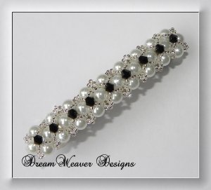 Swarovski Jet Black Crystal, White Pearl and Silver Barrette