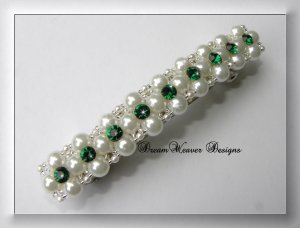 Swarovski Emerald Green Crystal, White Pearl and Silver Barrette