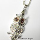Swarovski AB and Amber Crystal Silver Owl Pendant with Chain
