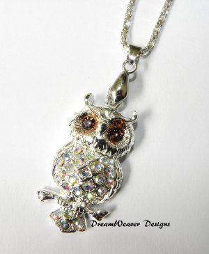 Swarovski AB and Amber Crystal Silver Owl Pendant with Chain