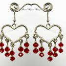 Silver Twisted Heart and Ruby Red Swarovski Crystal Dangle Earrings