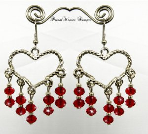 Silver Twisted Heart and Ruby Red Swarovski Crystal Dangle Earrings
