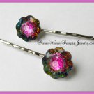 Multi Color Flower and Hot Pink Crystal Vintage Hair Pins Bobby Pins Hair Jewelry