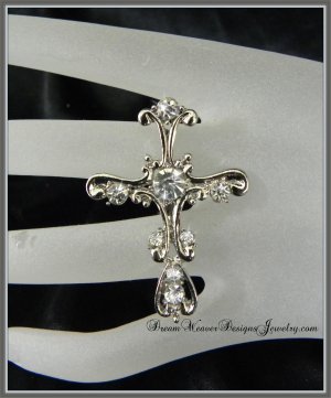 Double Finger Silver and Crystal Fancy Cross Ring
