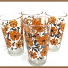 Vintage Tea Glasses Retro Modern Orange Flowers Brown Set 4 Mint