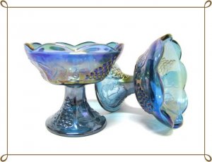 Vintage Candle Holders Blue Carnival Indiana Glass Set Grapes Fruit Footed Home Decor Collectible