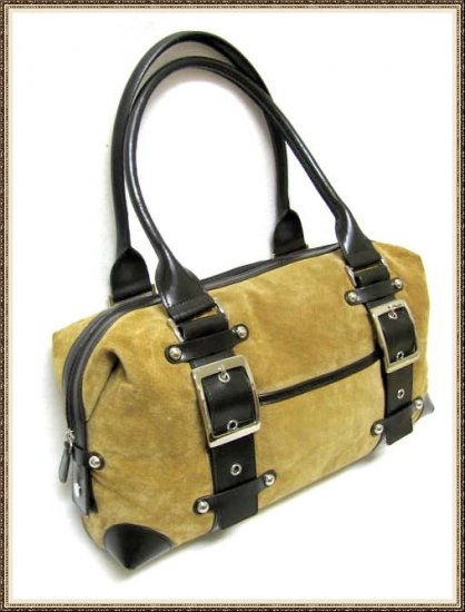 Brown Tan Suede Leather Handbag Wilsons Retro Doctors Bag Style Buckles Large