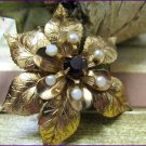 Vintage Brooch Coro Flower Gold Amethyst Stone Pearls Retro Fashion Jewelry
