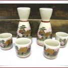 Japanese Saki Set Vintage Porcelain Flask Glasses 6 Piece