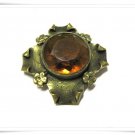 Vintage Brass Brooch Art Nouveau Deco Pin Chunky Amber Faceted Stone Mod Jewelry