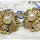 Trifari Earrings Gold Faux Pearl Retro Vintage Jewelry Mod Heart Flower Clip On