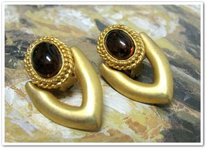 Chunky Earrings Big Bold Gold Tortoise Shell Cabochon Retro Mod Disco Vintage Jewelry