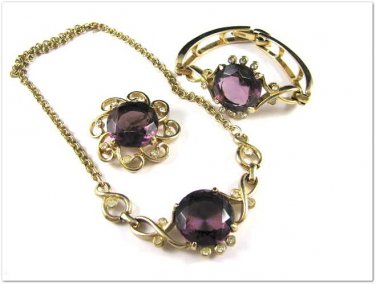 Kramer Amethyst Rhinestone Necklace Bracelet Brooch Vintage Designer Jewelry Set Purple Gold