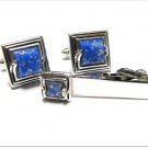 Mens Vintage Cufflinks Tie Bar Swank Silver Blue Confetti Square  Geometric Retro Designer Jewelry