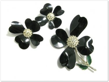 Vintage Retro Flower Brooch Pin Earrings Black Sarah Coventry Dogwood 60s Mod Designer Jewelry