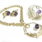 Sarah Coventry Brooch Bracelet Earrings Amethyst Leaf Gold Designer Vintage Jewelry 70s Fashion