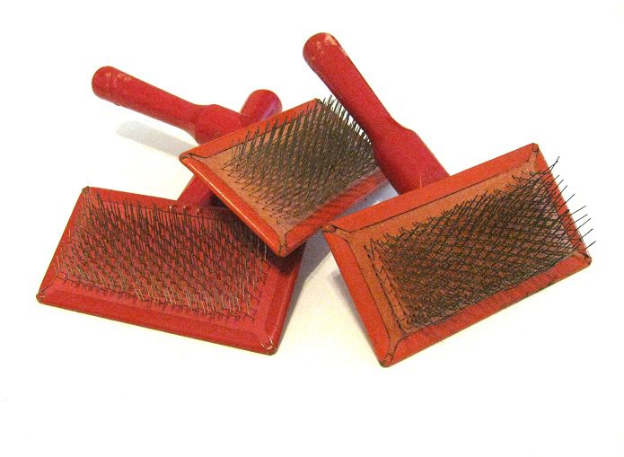 Vintage Dog Brushes Wood Red Metal Bristle Grooming Pet Display Set 3 50's