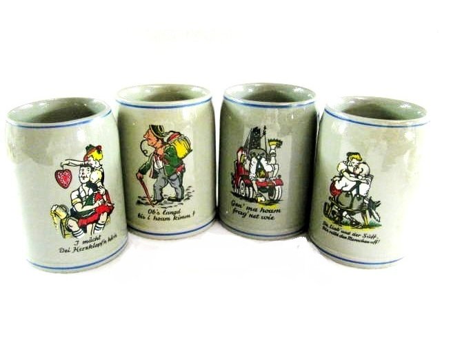 Gerz German Beer Stein Set Vintage Art Pottery Brewery Cartoon Barware Funny Hand Painted