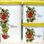 Cheinco Metal Tin Canister Set Spice Of Life Mushroom Tomato Vine White Yellow 70's Kitchen Decor