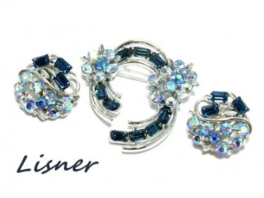 Vintage Blue Rhinestone Earrings Brooch Pin Lisner Designer Fashion Jewelry Formal Evening Bridal