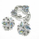 Vintage Designer Rhinestone Brooch Earring Lisner New Silver Emerald Marquise Fashion Formal Evening