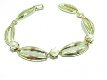 Gold Plated Pearl Bracelet Vintage 80s Mod Formal Casual Jewelry Funky Retro