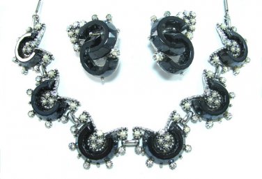 Marcasite Necklace Earrings Crescent Black Rhinestone Pearl Bling Runway Jewelry Evening Formal