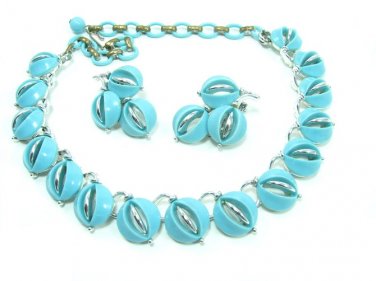 Lisner Thermoset Necklace Earrings Aqua Blue Silver Vintage Retro Mod Designer Jewelry
