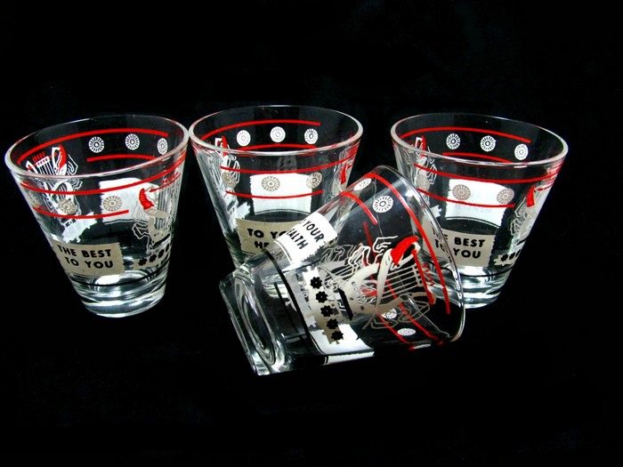 1950's Shot Glasses Hazel Atlas Lyre Quill Red Black Retro Design 3 Ounce Set Barware Collectible