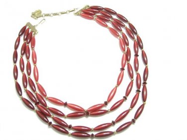 Lisner Vintage Bib Necklace Raspberry Cranberry Oval Tube Beads 4 Strand Designer Retro Mod