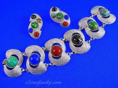 Chunky Silver Bracelet Earrings Sarah Coventry Large Cabachon Stone 60s Retro Mod Designer Fashion
