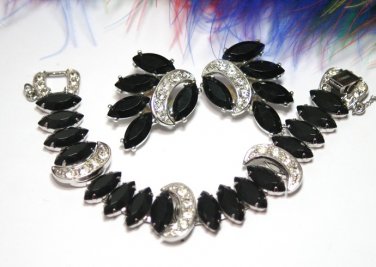 Sarah Coventry Bracelet Earrings Black Navette Rhinestones Silver Crescent 1950s Vienna Nights