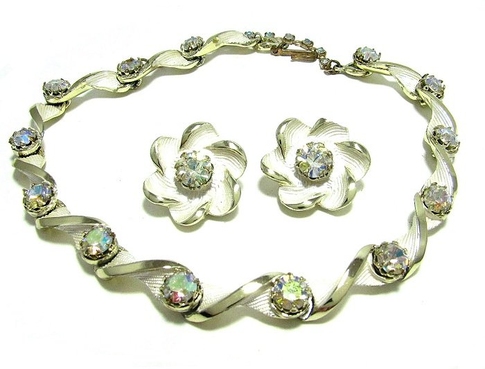 Kramer Pearl White Enamel Necklace Earrings AB Rhinestones Gold 50s Retro Designer Jewelry Set