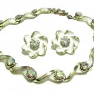Kramer Pearl White Enamel Necklace Earrings AB Rhinestones Gold 50s Retro Designer Jewelry Set