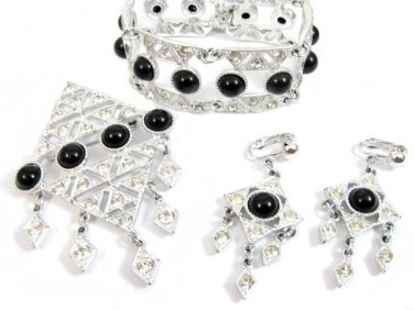 Operetta Black Silver Rhinestone Brooch Earrings Bracelet Coventry Art Deco 70s Mod Jewelry Set