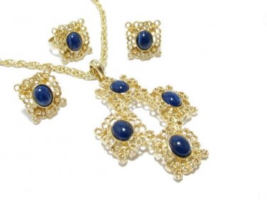 Ornate Gold Cross Earrings Ring Vintage Victorian Renaissance Blue 70s Coventry Pendant Mod Set