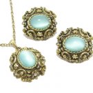 Aqua Moonstone Necklace Earrings Vintage Antique Gold Coventry Designer Jewelry Set Retro Mod 70s