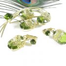 Sarah Coventry Brooch Earrings Green Gold Ornate Large Glass Stones Elegance 1970s Mod Jewelry Set