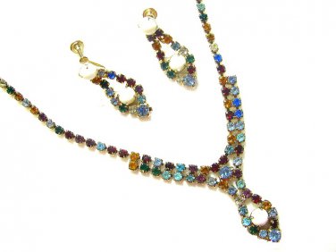 Colorful Rhinestone Necklace Earrings Vintage La Rel Milk Glass Gold Ruby Aqua Blue Topaz Jewelry