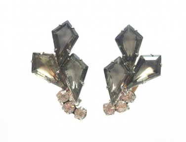 Smokey Gray Rhinestone Earrings Vintage Silver Large Bling Runway Formal Evening Prom Jewelry