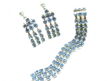 Blue Crystal Rhinestone Necklace Earrings Vintage Chandelier Screwback Facet Prom Evening Jewelry