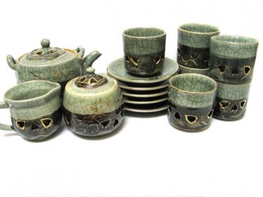 Somayaki Aohibi Saki Set Tea Cups Sugar Creamer Saucers Horse Japan 1960s Pottery