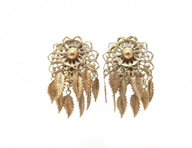 Tribal Antique Gold Leaf Earrings Vintage Dangle Unique Ethnic Jewelry 1940s Retro Boho Hipster