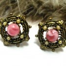Vintage Victorian Gothic Earrings Modern Renaissance Antique Gold Pink Cab Pearl Screw Back