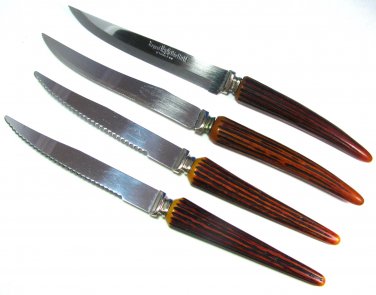 Bakelite Handle Knives Serrated Blade Steak Dinner Vegetable Sheffield Lifetime Lot 4 Brown Stag