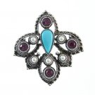 Turquoise Purple Rhinestone Brooch Pendant Sarah Coventry 70s Retro Pin Faux Pearl Silver Imperial