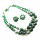Kramer Green Confetti Bead Necklace Earrings Glitter Nugget Pearl Double Strand Retro Mod 50s