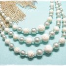 Aqua Blue Pearl Bead Necklace 3 Strand Carved White Rose Beads Vintage Japan 40s